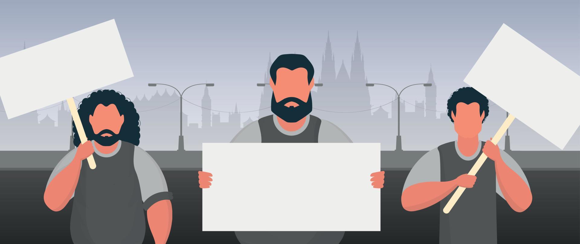 A group of men with a banner in their hands against the backdrop of the city. Protest concept. Cartoon style. Vector illustration.