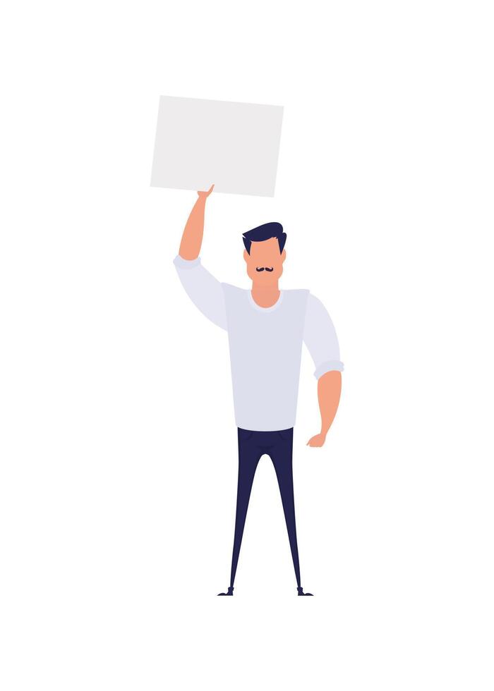 Protesting man in full growth with a banner. Isolated. Flat style, vector. vector