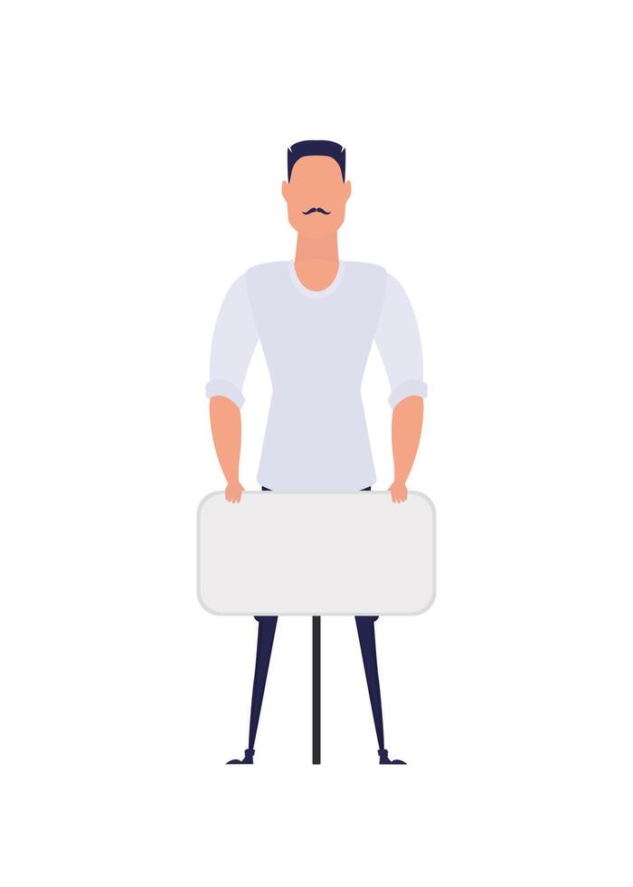 Protesting man in full growth with a banner. Isolated. Cartoon style. vector