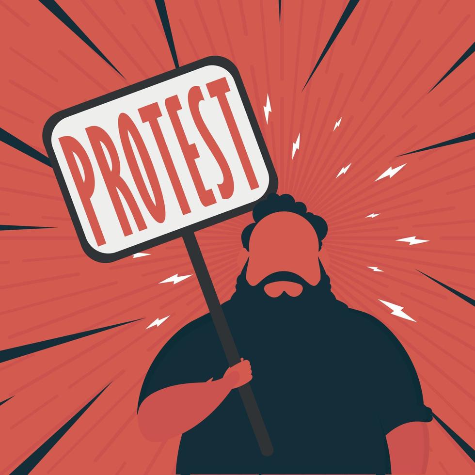 hombre con pancarta y texto protesta estilo de dibujos animados de arte pop. vector