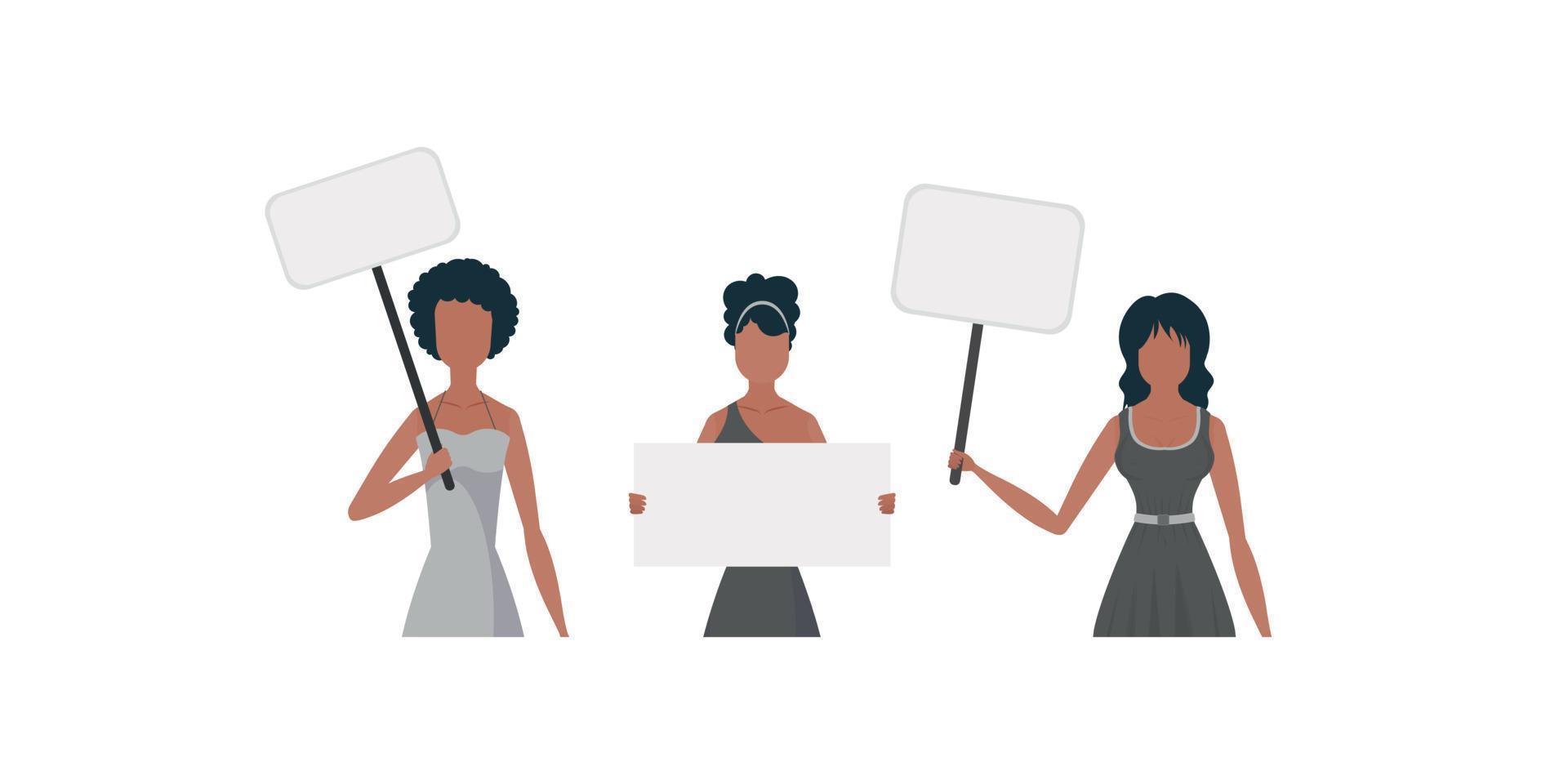 A set of girls who are protesting. Empty transport in the hands. Cartoon style. Vector illustration.