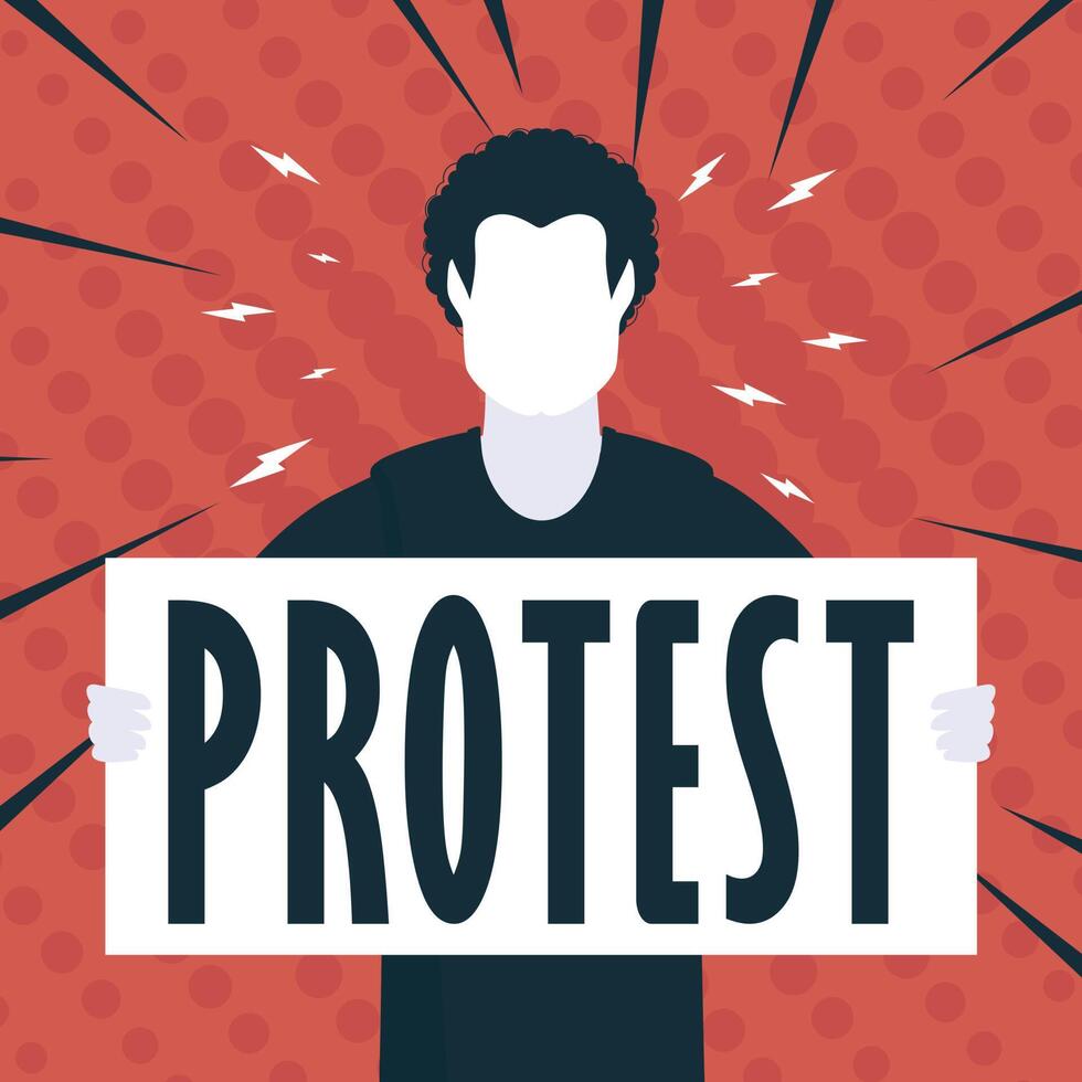Boy with banner and text protest Pop art Flat style. vector