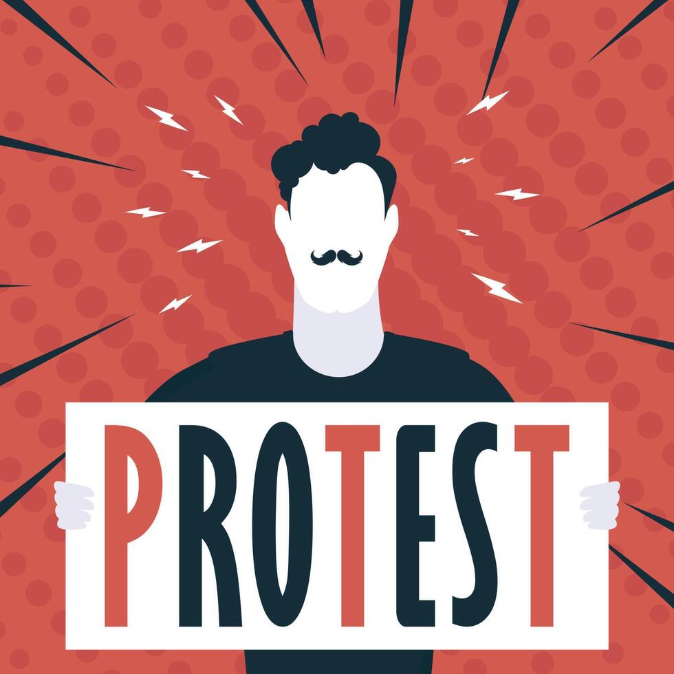 Boy with a banner in his hands and text protest Pop art Cartoon style. vector