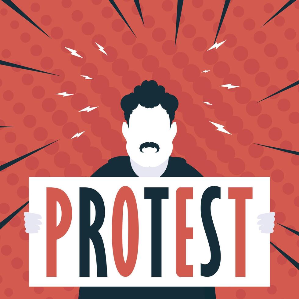 Boy with banner and text protest Pop art Flat style. illustration. vector