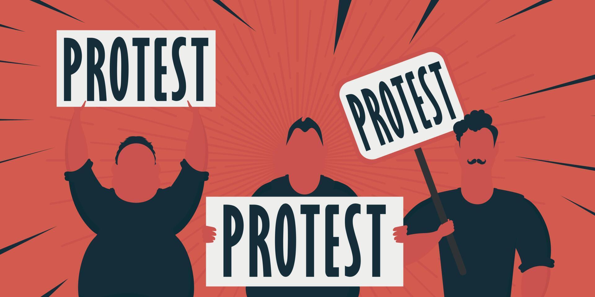 Boy with a banner in his hands and text protest Pop art Flat style. vector