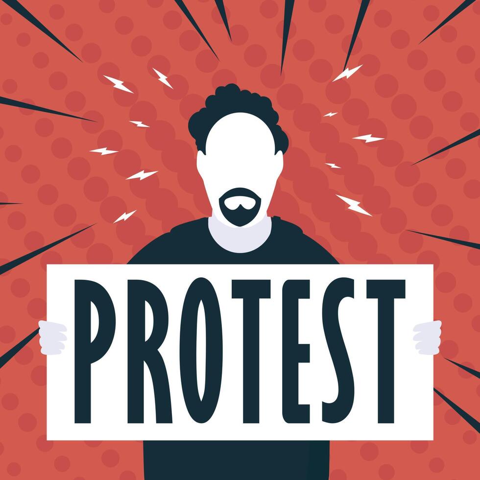 Boy with a banner in his hands and text protest Pop art Flat style. illustration. vector