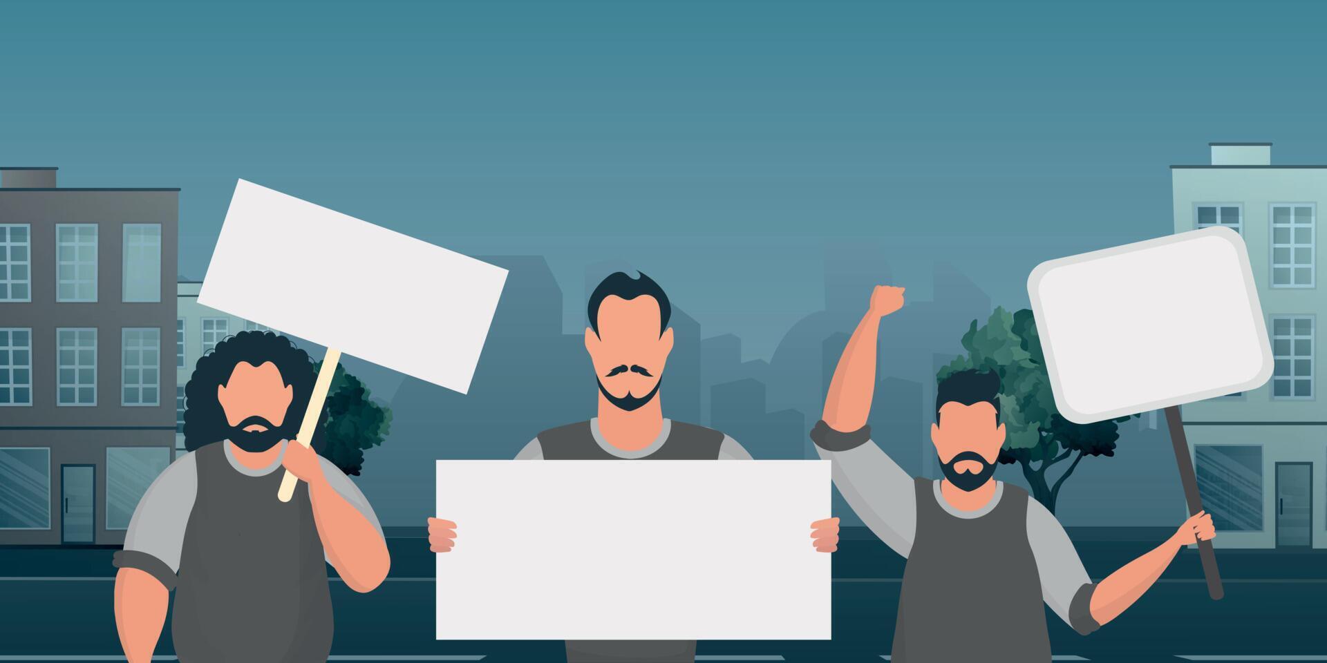 A group of men with banners in their hands came out to protest. Cartoon style. illustration. vector