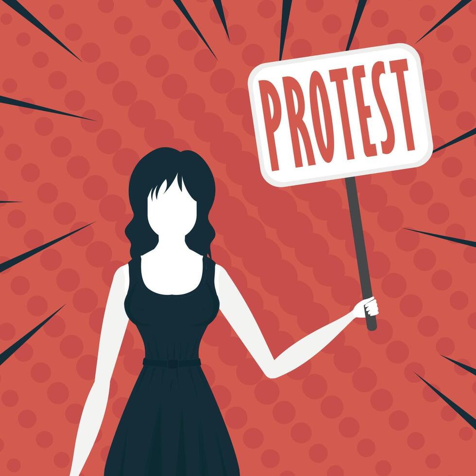 The girl Protests with a transporter in her hands. Pop art style. Vector illustration.