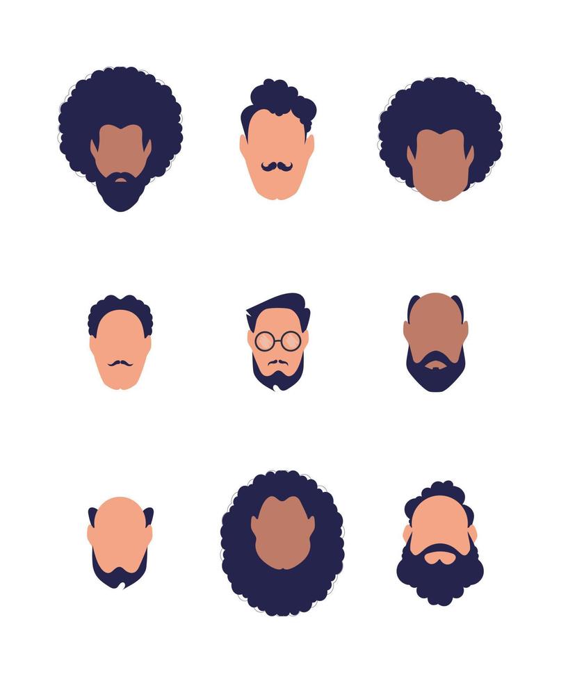 conjunto de caras de chicos de diferentes tipos y nacionalidades. aislado. estilo de dibujos animados vector