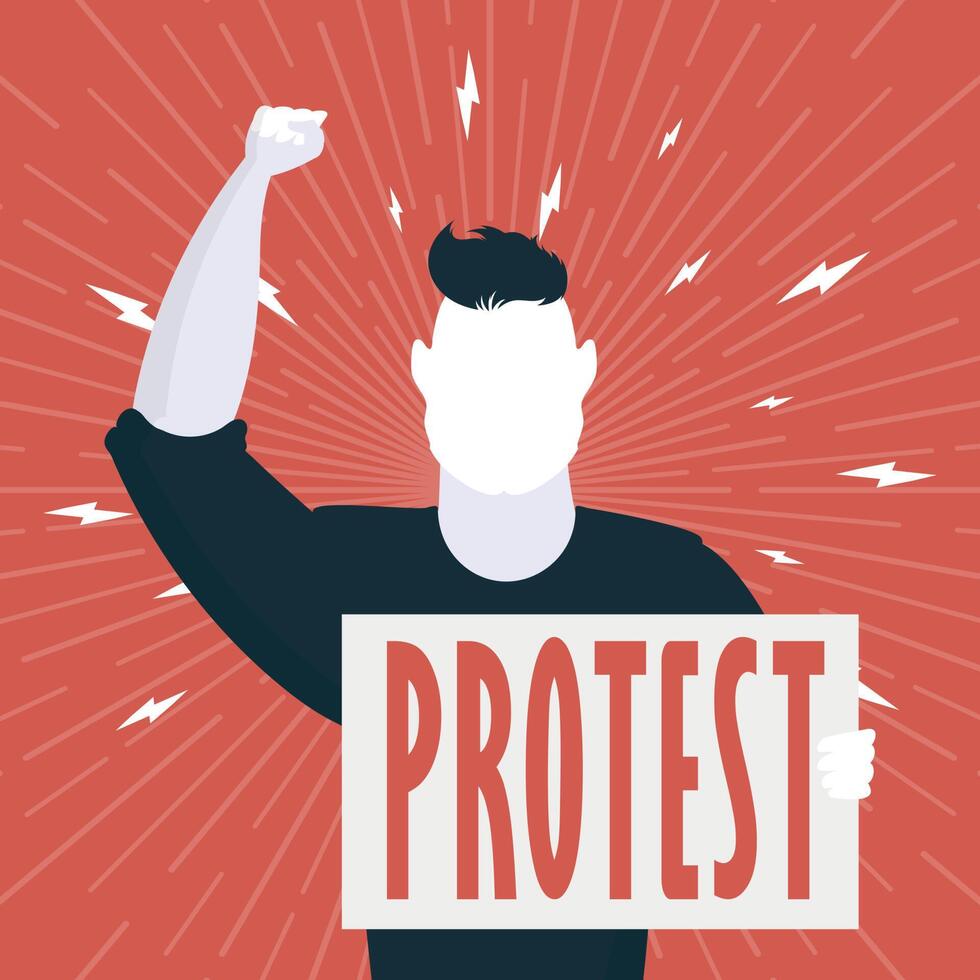 concepto de protesta. un hombre con una pancarta vacía en sus manos. bandera roja concepto de manifestación o protesta. estilo de dibujos animados, ilustración vectorial. vector