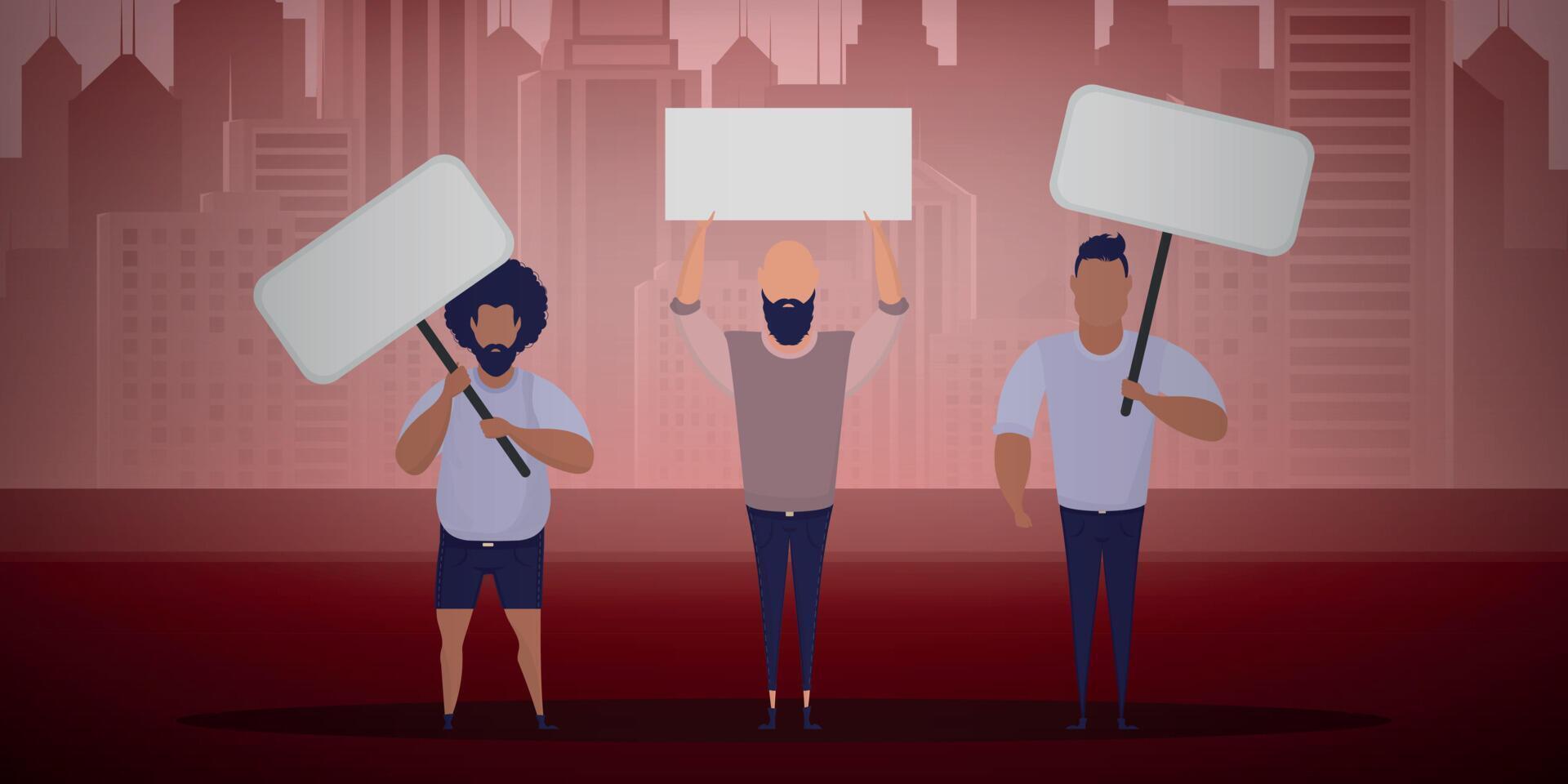 A group of men with banners in their hands came out to protest. Prosky style. Vector illustration.