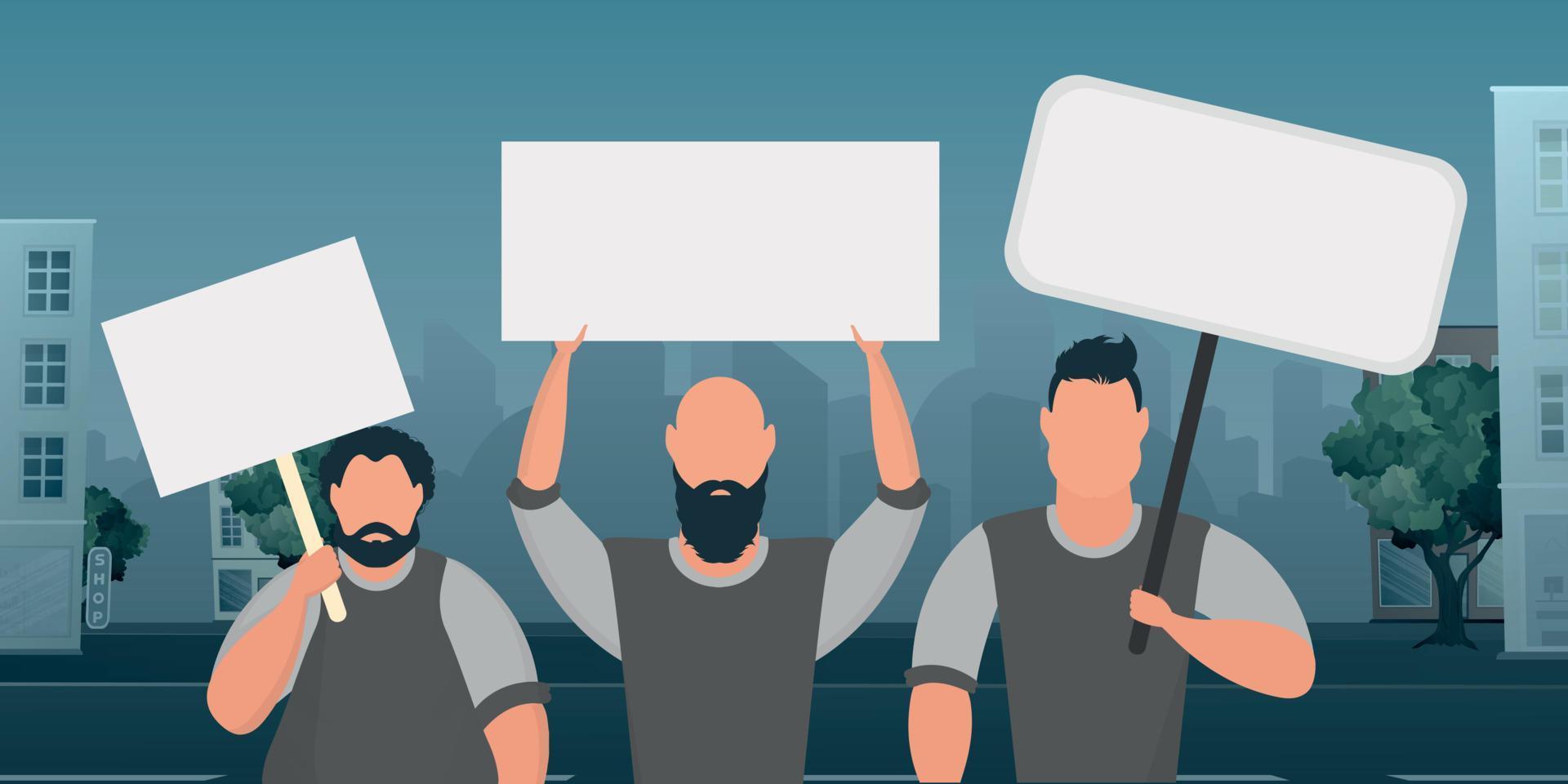 A crowd of guys with banners in their hands are protesting. Cartoon style. Vector illustration.
