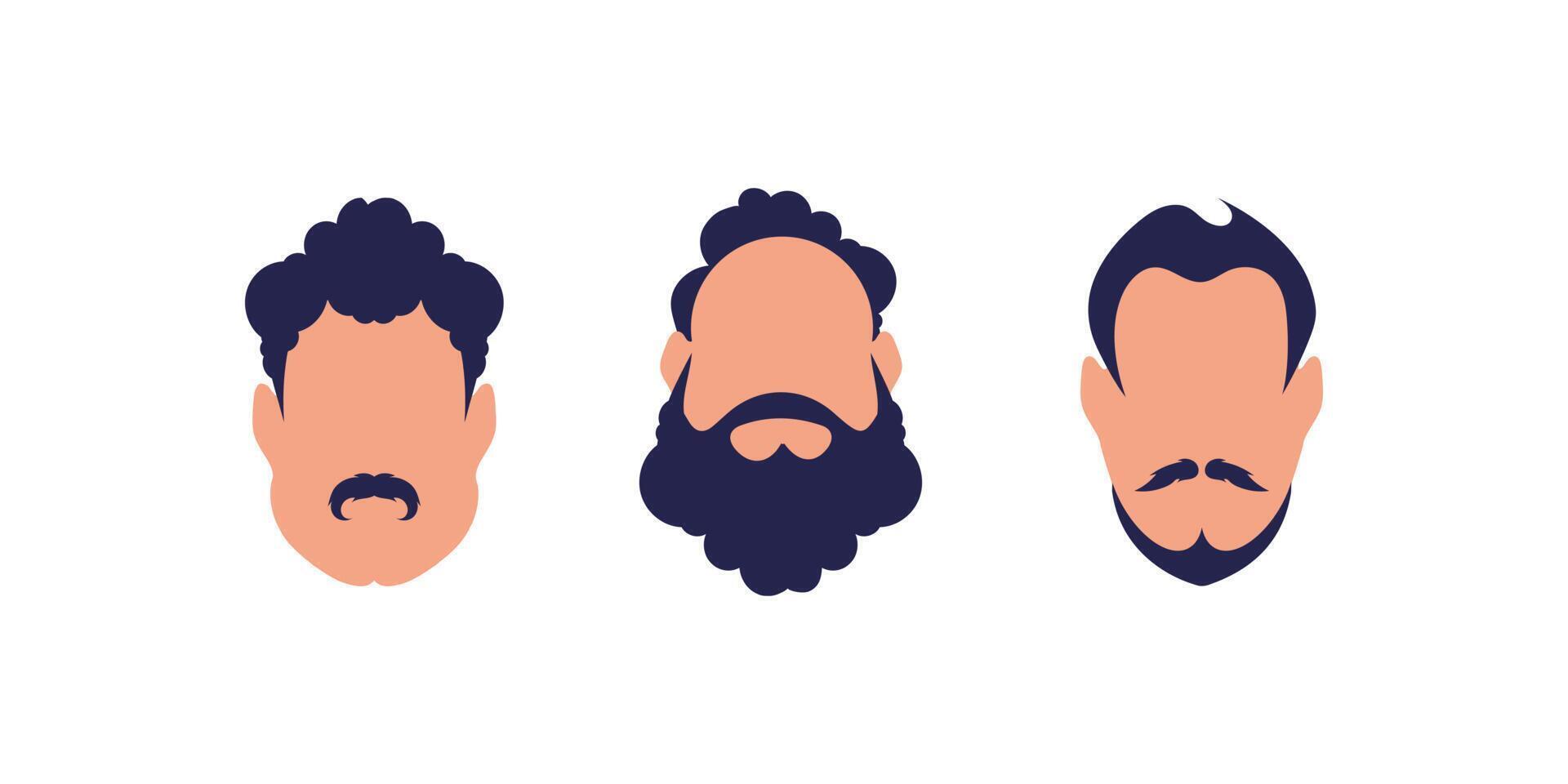 un conjunto de tres caras de hombres de diferentes tipos y nacionalidades. aislado sobre fondo blanco. estilo de dibujos animados vector