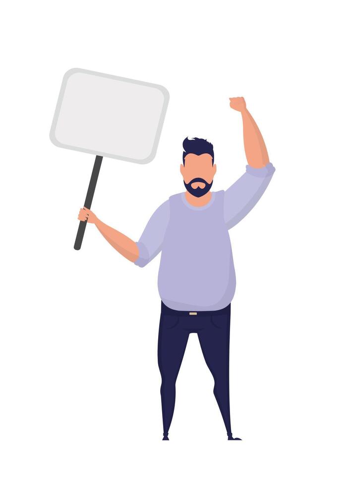 A man with an empty banner in his hands. With space for your text. Rally or protest concept. Cartoon style, vector illustration.