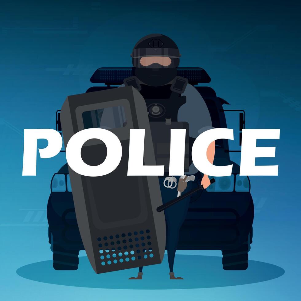 A policeman in a bulletproof vest in front of a car. Square banner. Vector illustration.