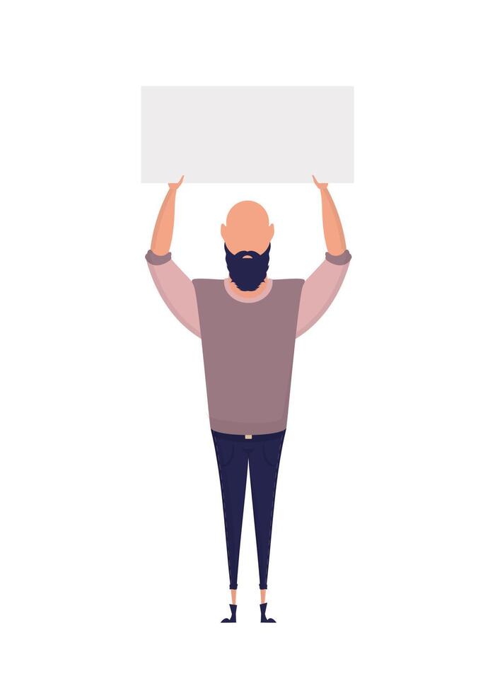 Man with blank banner isolated on white background. Pop art. Flat style. Vector