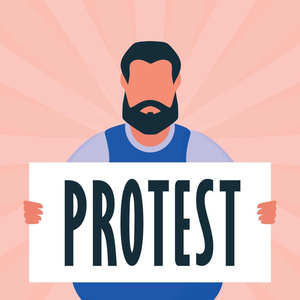 Brutal man with a banner in his hands. Protest concept. Cartoon style. vector