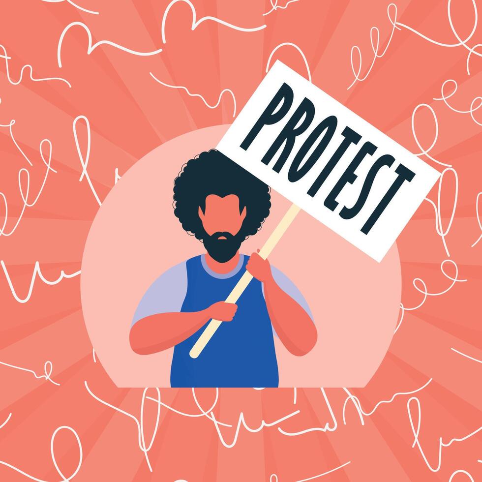 Guy with a banner in his hands. Protest concept. Cartoon style. vector