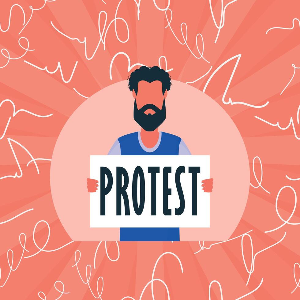 Guy with a banner in his hands. Protest poster. Cartoon style. vector