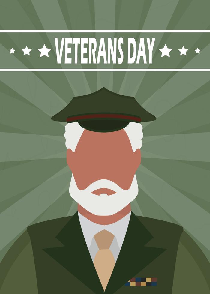 postal del día de los veteranos. un anciano veterano con uniforme militar. ilustración vectorial vector