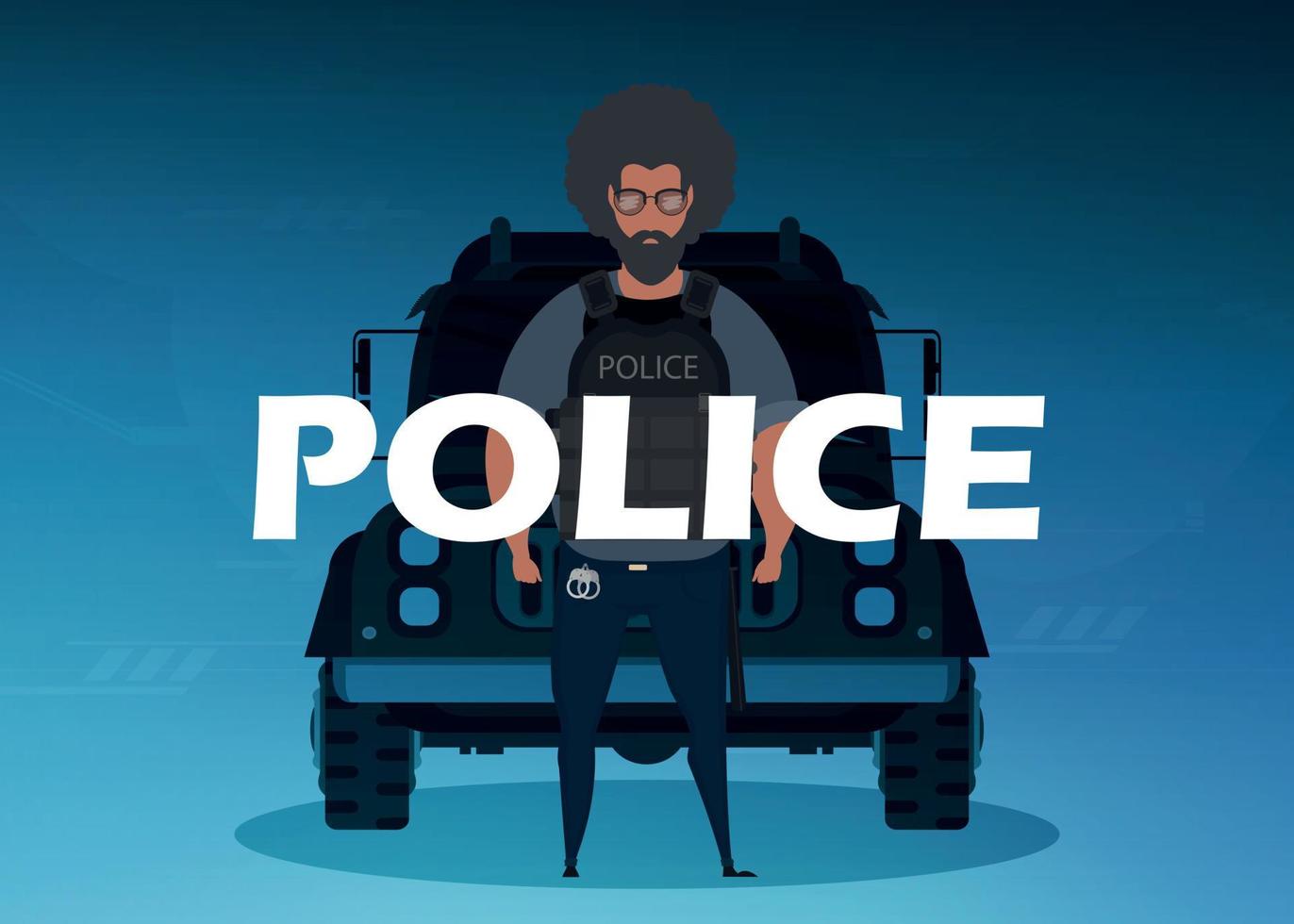 A policeman in a bulletproof vest and a mask in front of a car. Square banner. Cartoon style. vector