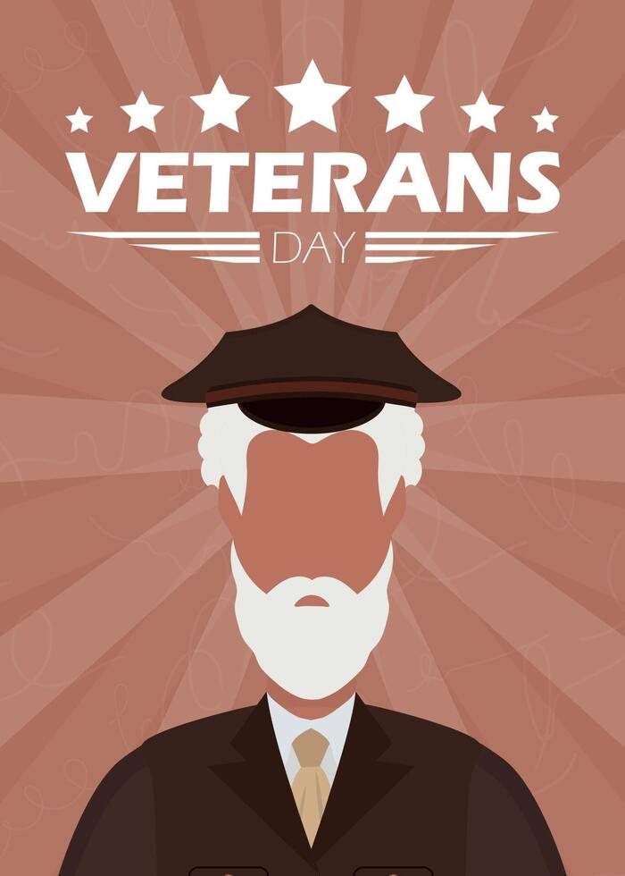 pancarta del día de los veteranos. un anciano veterano con uniforme militar. estilo de dibujos animados, ilustración vectorial. vector