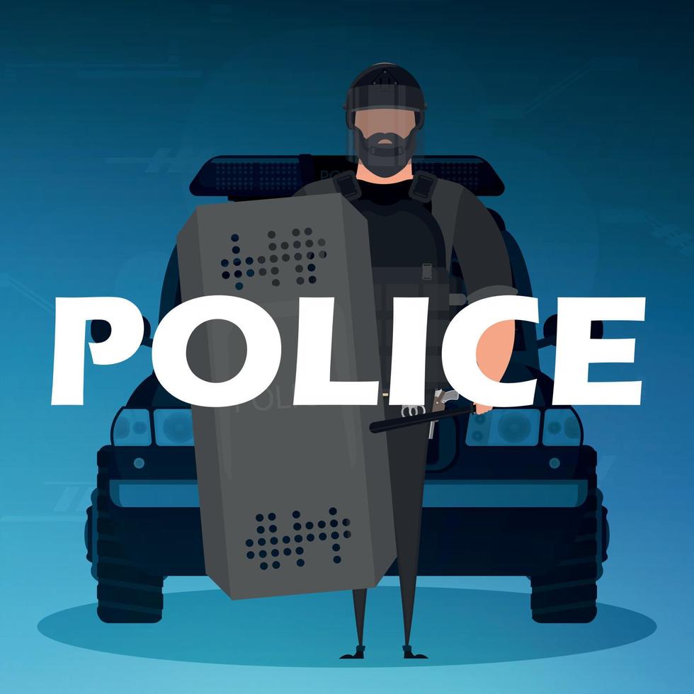 un policía con un chaleco antibalas frente a un automóvil. cartel cuadrado. estilo de dibujos animados vector