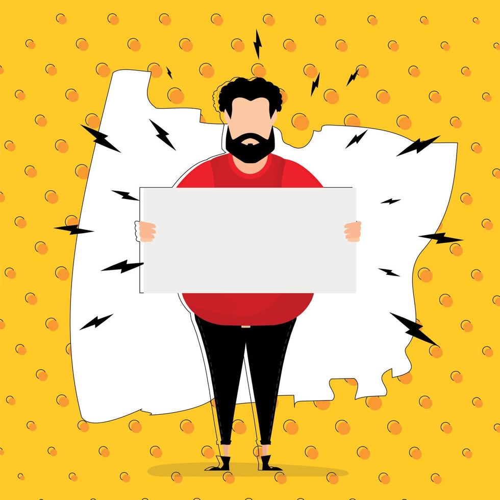 A guy with an empty banner and space for your text. Pop art cartoon style. Vector illustration.