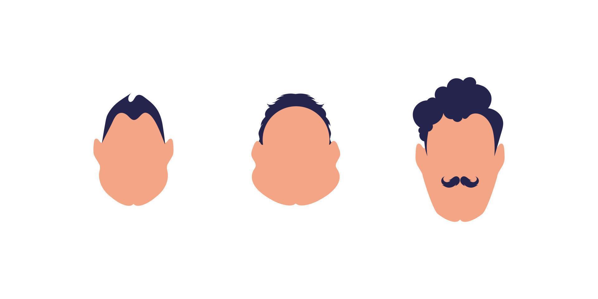 A set of three faces of men of different types and nationalities. Isolated on white background. Vector illustration.