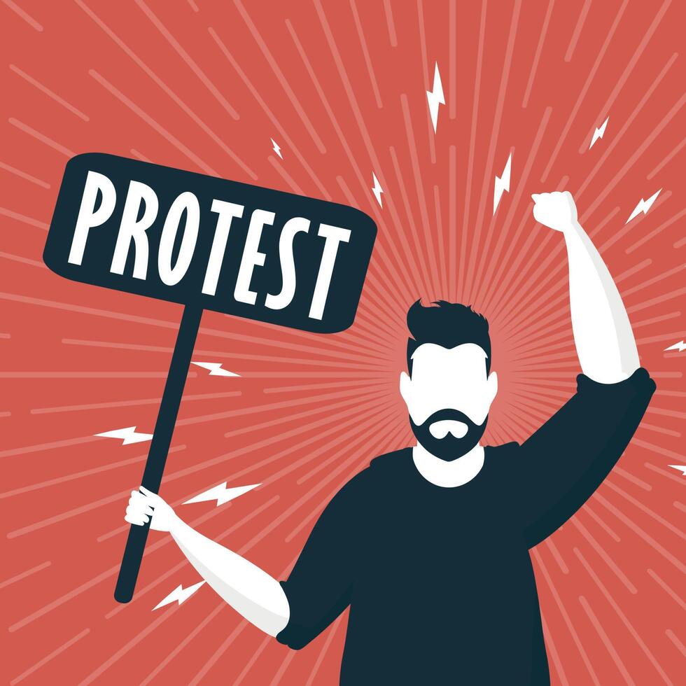 Protest concept. A man with an empty banner in his hands. Red square poster. Rally or protest concept. Vector illustration.