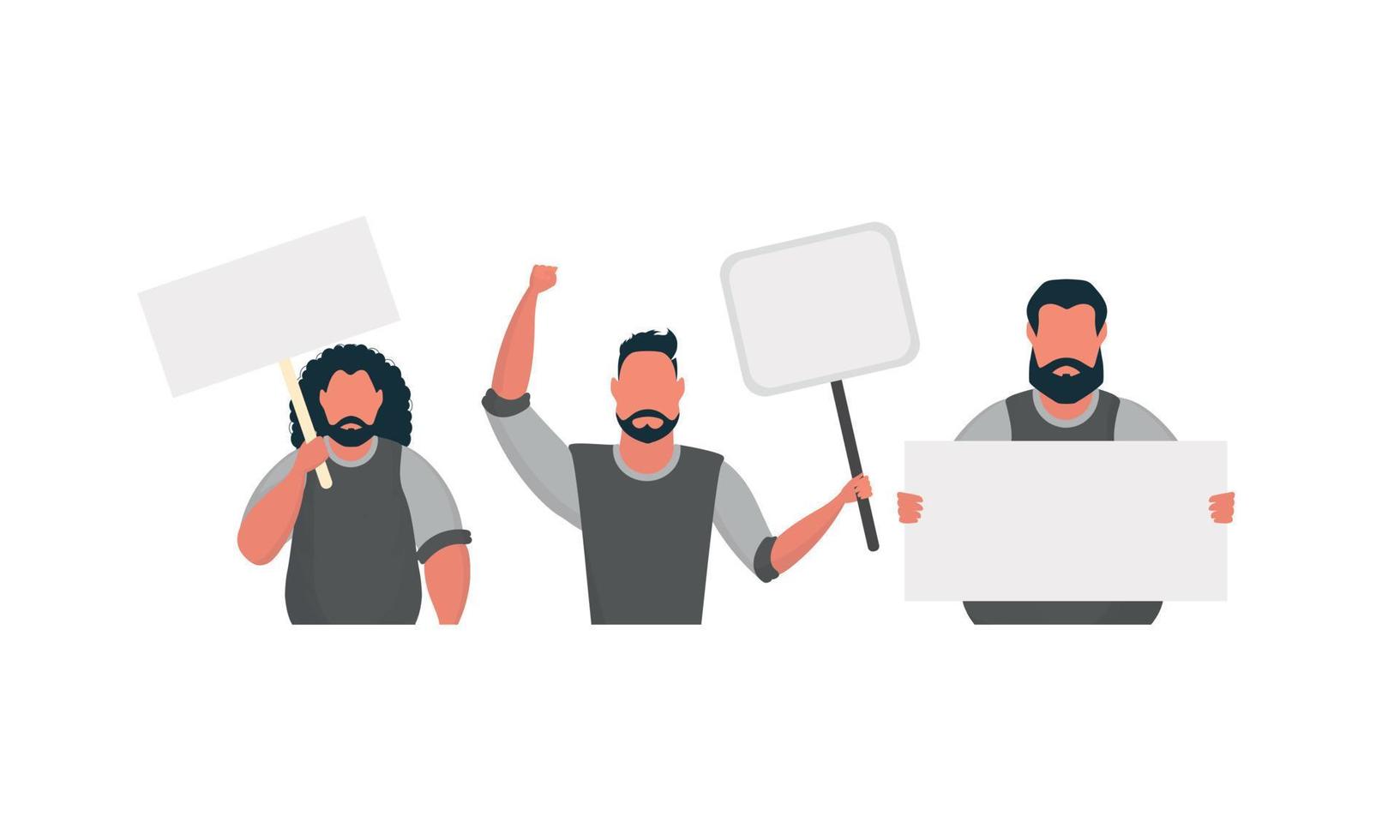 Protesting men with a banner. Strike concept. Flat style, vector. vector