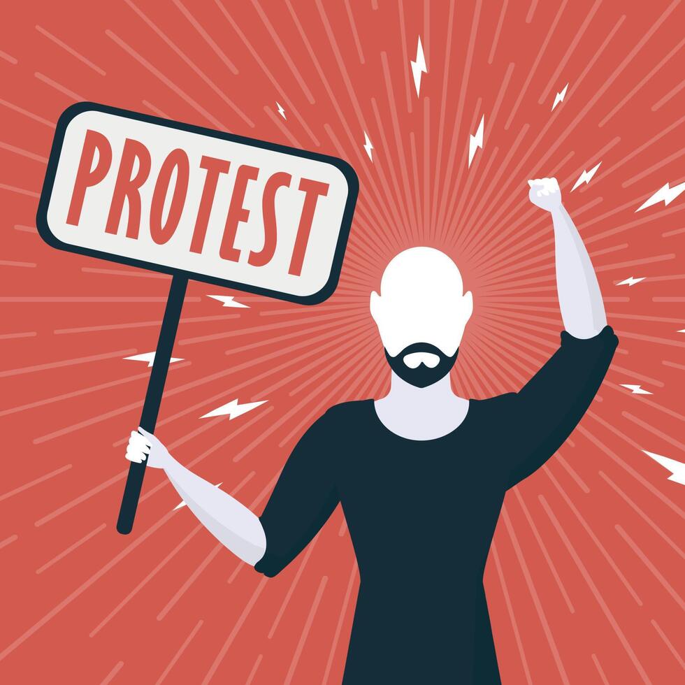 concepto de protesta. un hombre sostiene una pancarta vacía en sus manos. bandera roja concepto de manifestación o protesta. estilo de dibujos animados, ilustración vectorial. vector