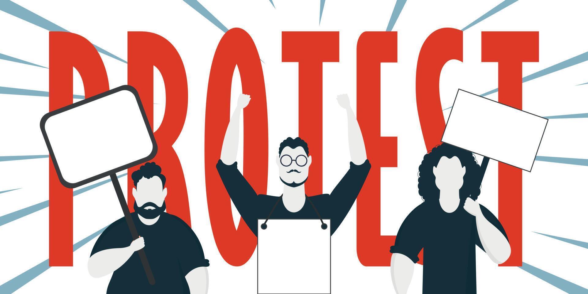 Protest banner. Men protest with banners. Strike concept. Cartoon style. vector