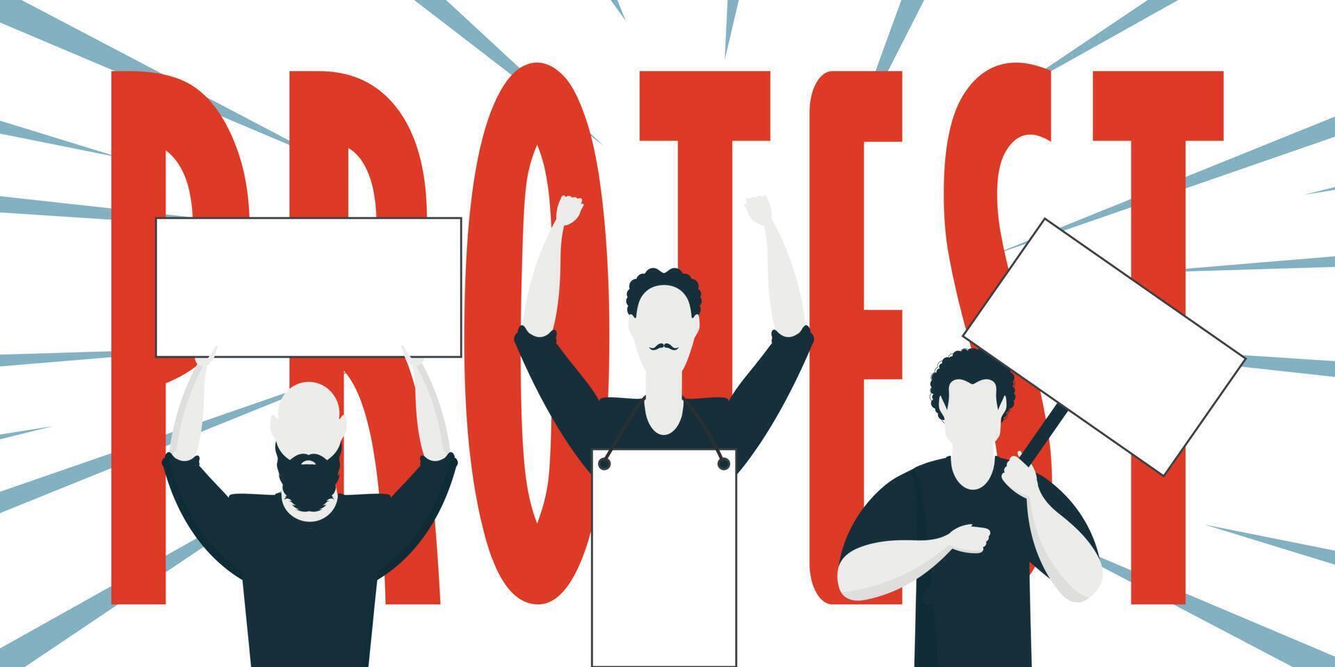 Protest banner. A group of men with banners. Strike concept. Cartoon style. vector