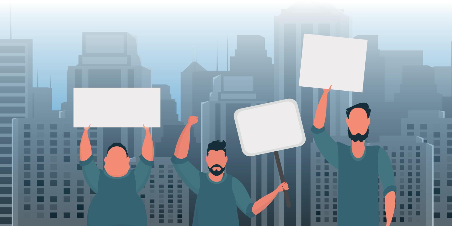 A group of men protest with banners. The concept of citizens' strikes. Prosky style, . vector