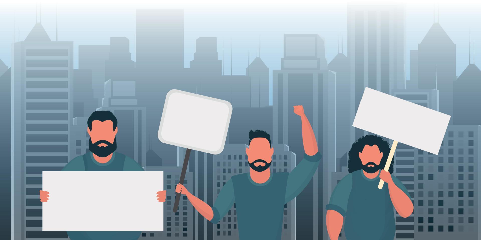 A group of men came out to protest with banners in their hands. The concept of citizens' strikes. Vector illustration.