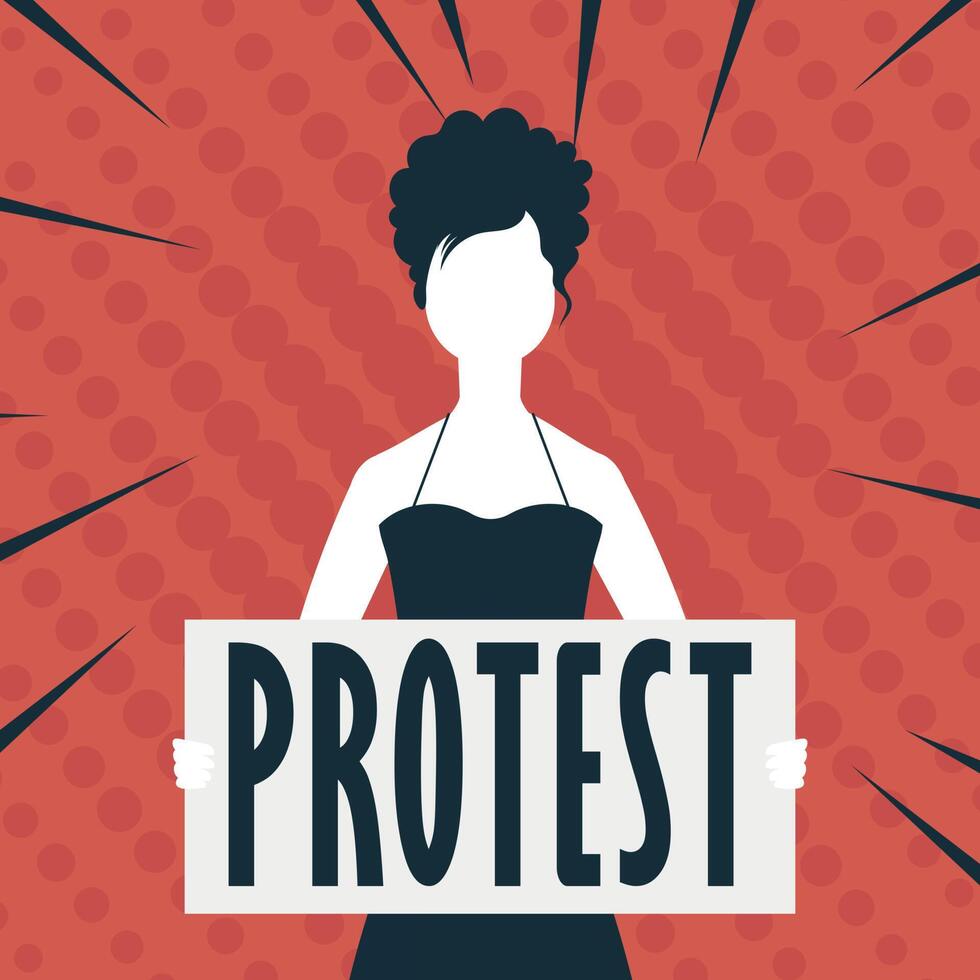 Girl with a banner in her hands. The concept of protest and public resistance. Vector illustration.