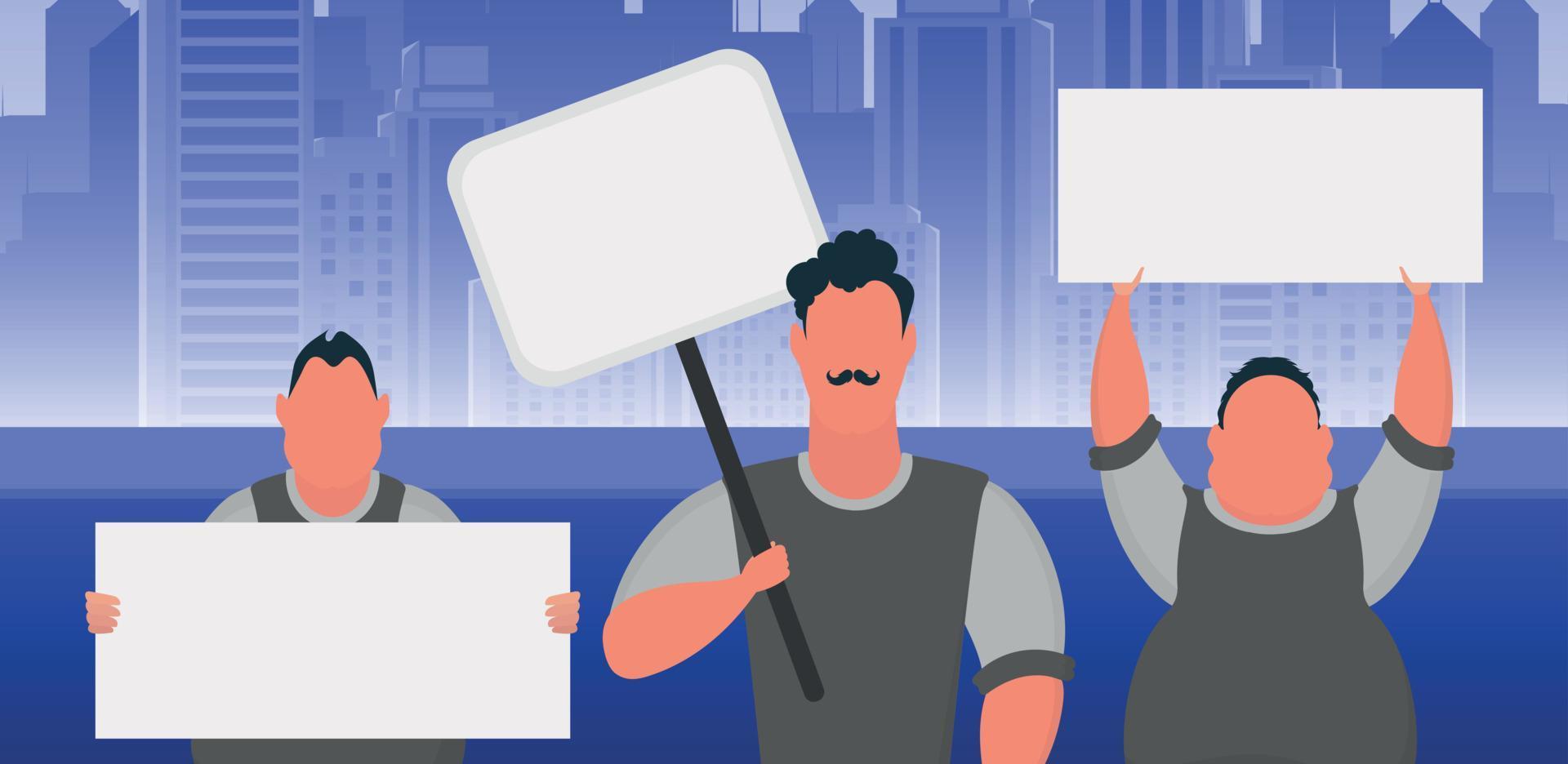 un grupo de hombres con pancartas salió a protestar. estilo de dibujos animados ilustración vectorial vector