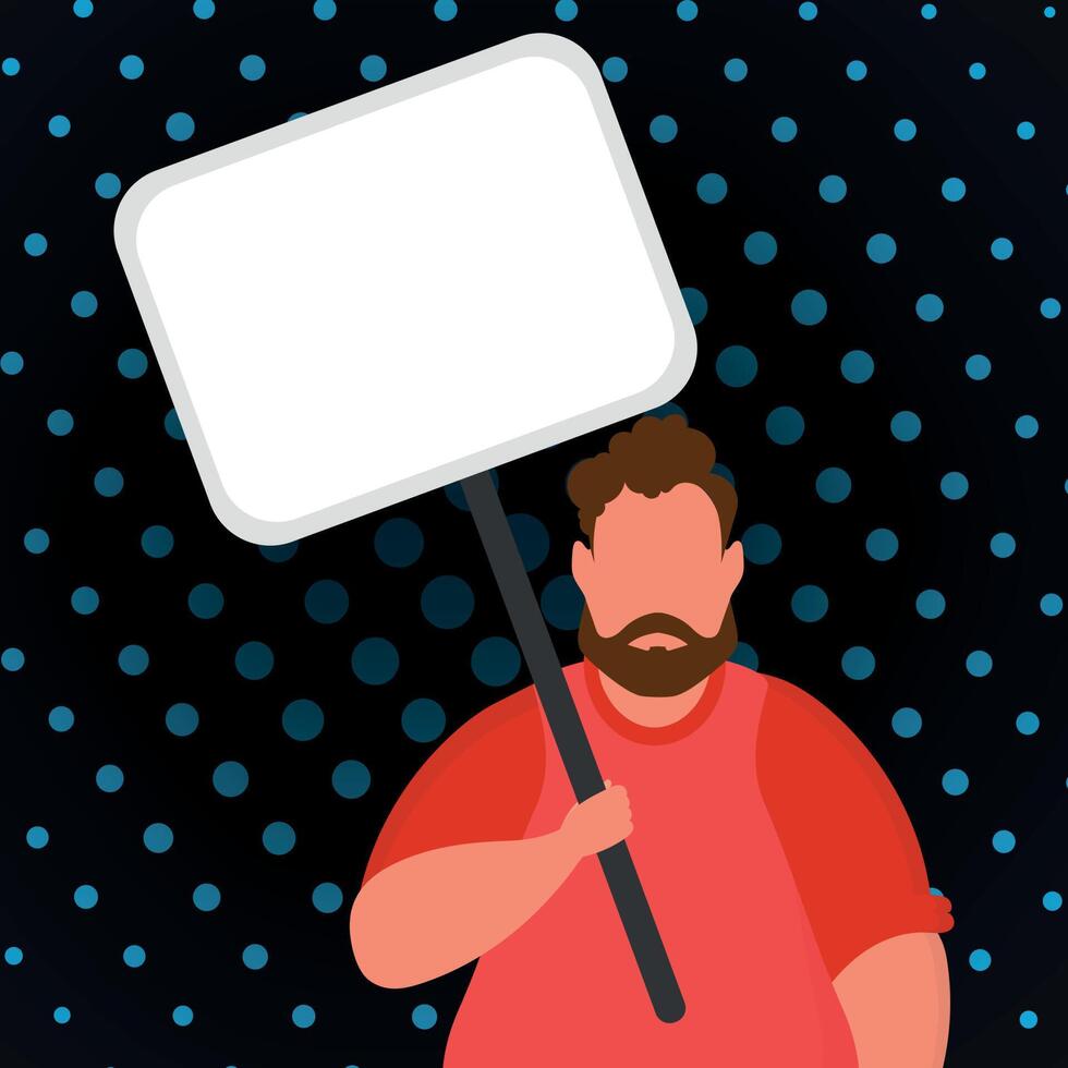 A guy with an empty banner in his hands and a place for your text. Pop art. Flat style. vector