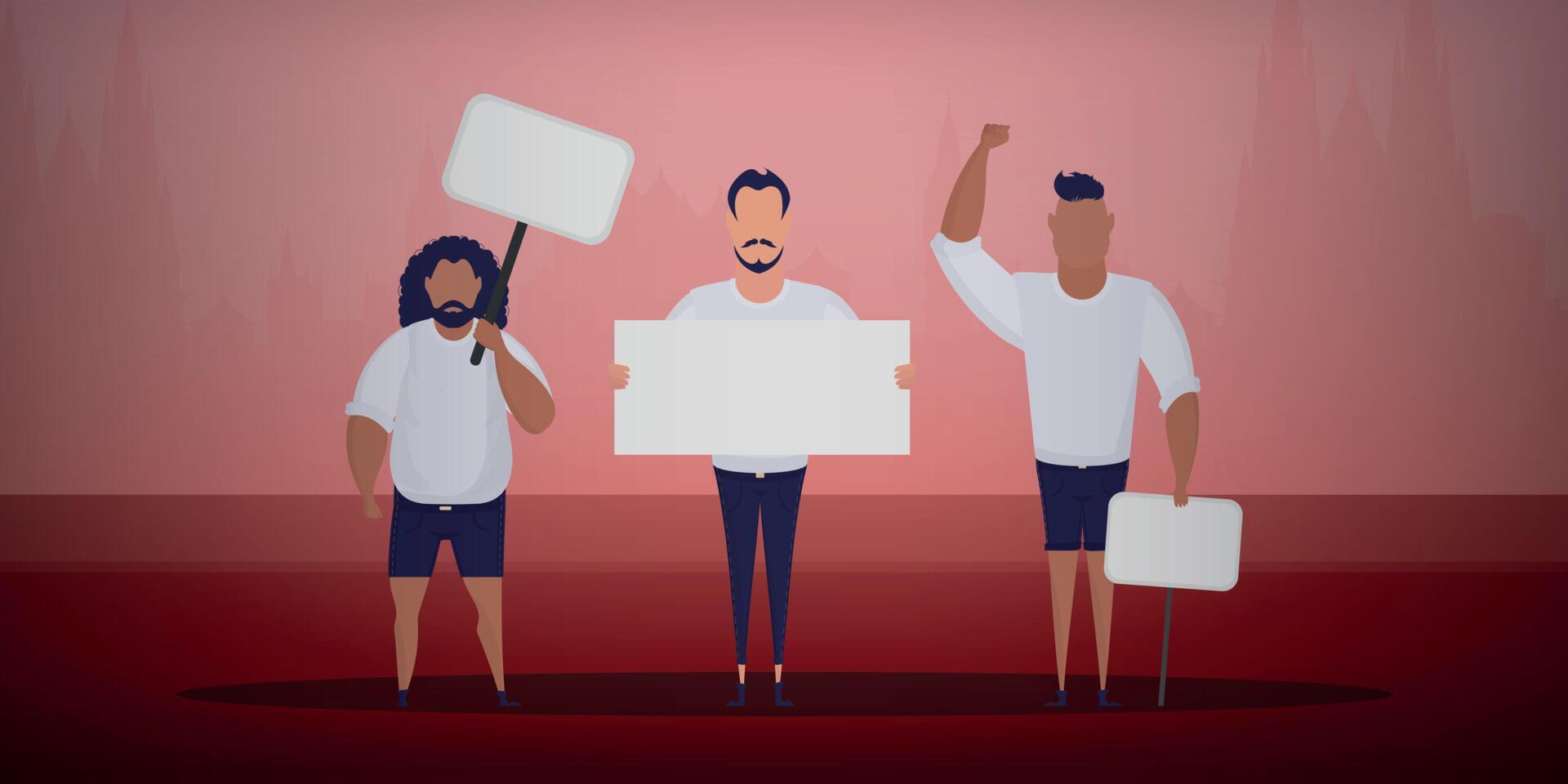 A group of men with banners came out to protest. Prosky style. Vector illustration.