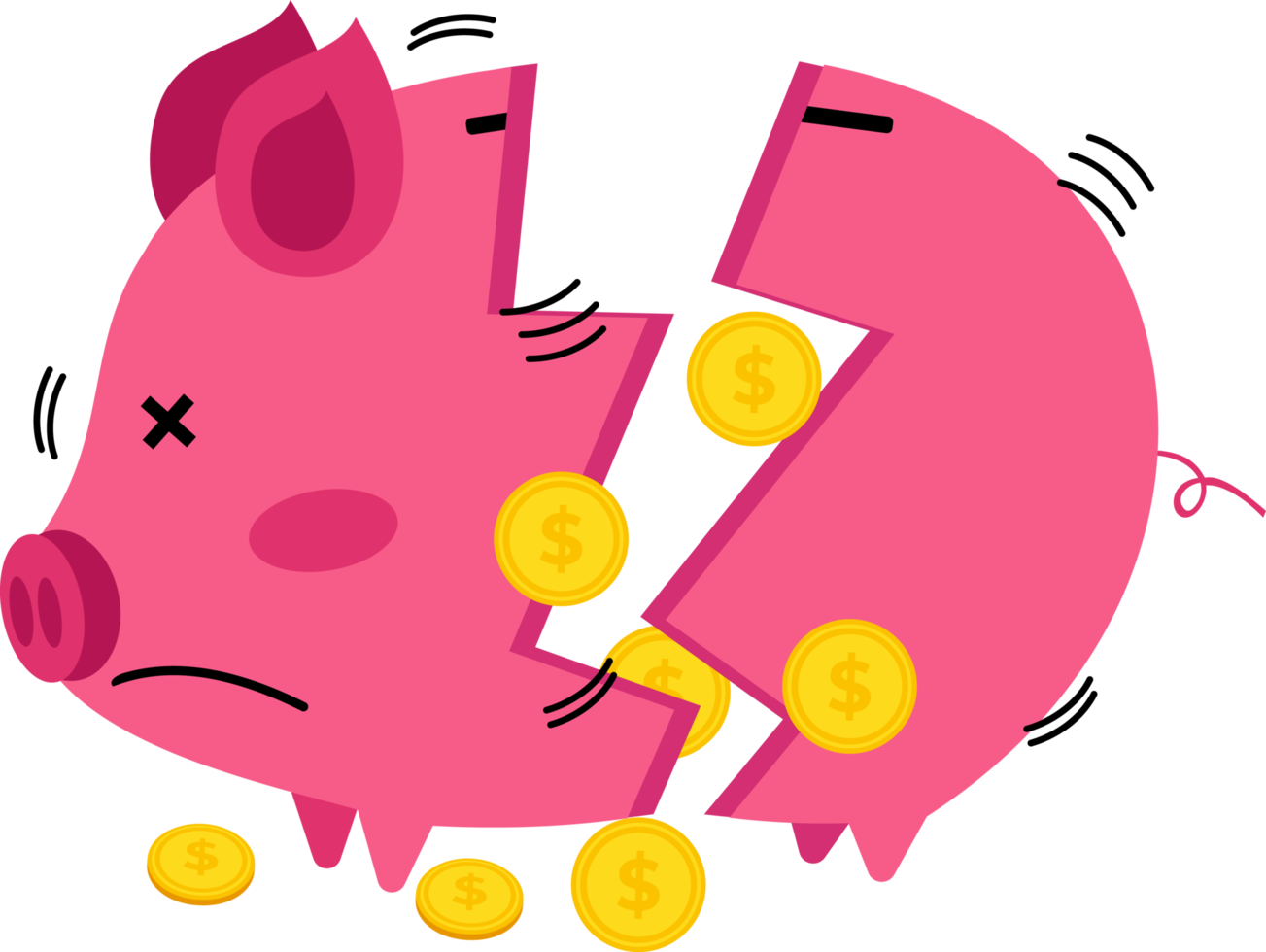 Illustration von kaputtem Sparschwein und verstreuten Goldmünzen. Konzept der Finanzkrise. Konzept der finanziellen Not. konzept, geld zu sparen. png