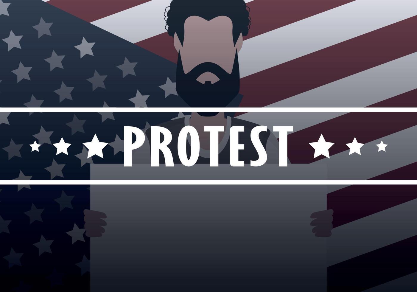 A guy with a banner in his hands on the background of the flag. Protest concept. Vector illustration.