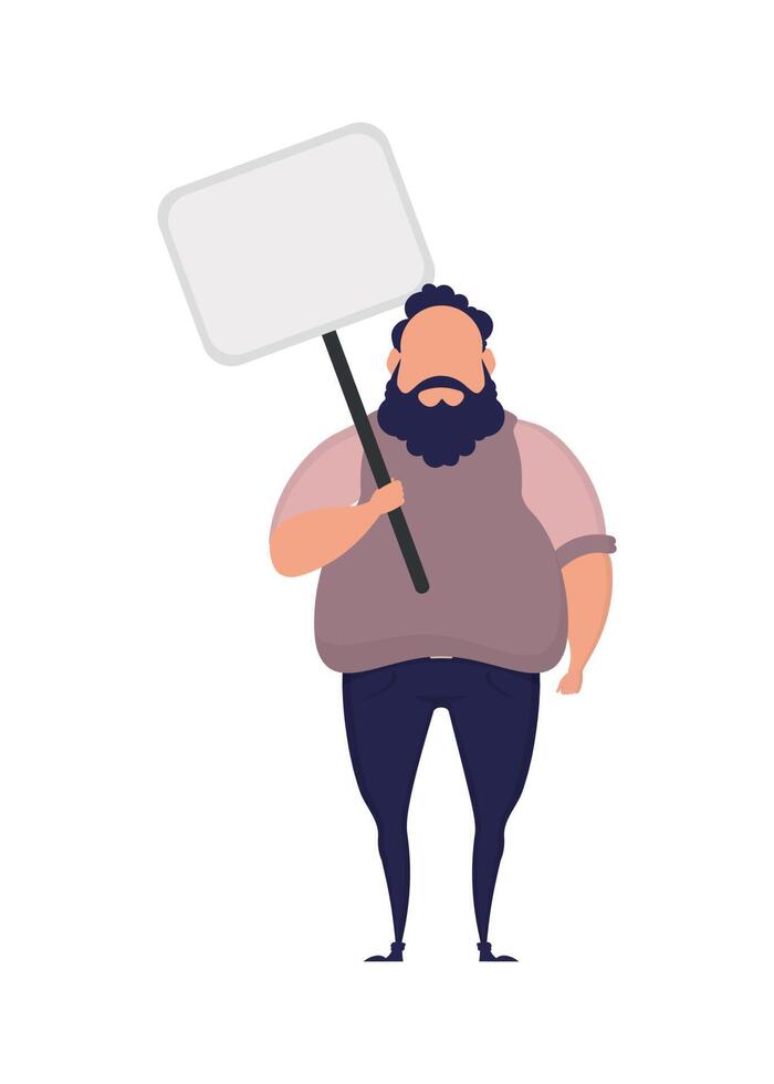 Man with blank banner isolated on white background. Pop art. Flat style. Vector illustration.