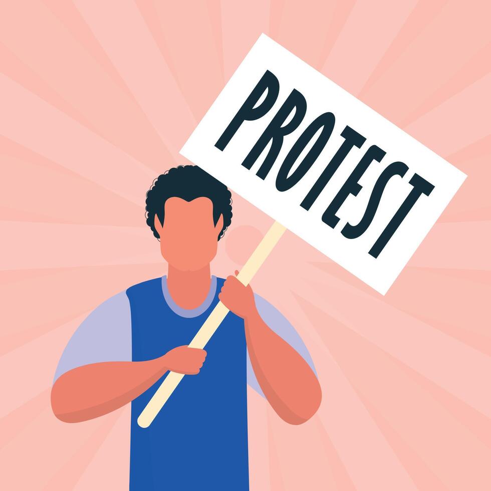 Brutal man with a banner in his hands. Protest concept. Vector illustration.