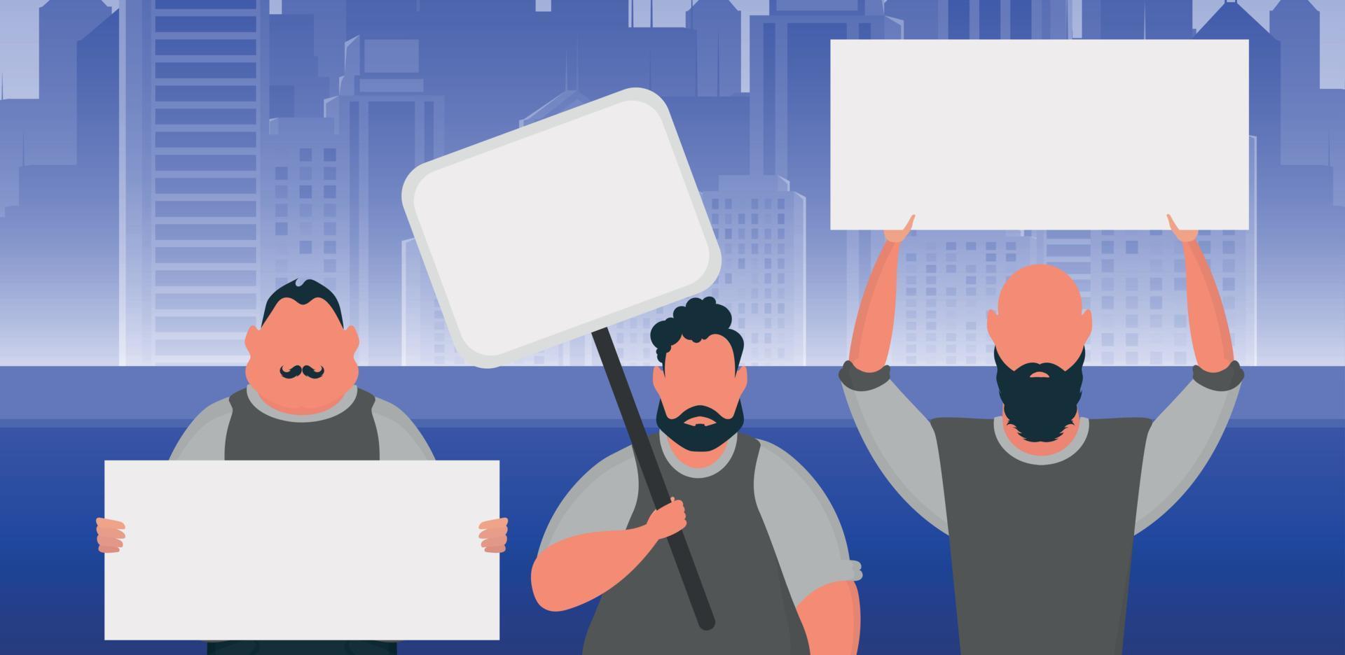 A crowd of guys with banners in their hands are protesting. Cartoon style. Vector illustration.