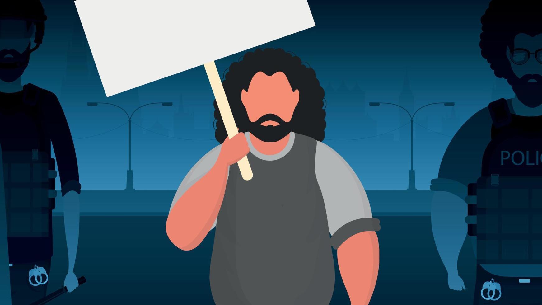 A man with an empty banner in his hands against the backdrop of the city. Protest concept. Cartoon style. Vector illustration.