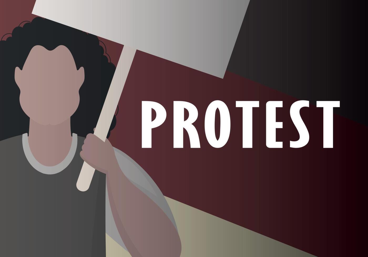 A guy with a banner in his hands on the background of the flag. Protest concept. Cartoon style. Vector illustration.