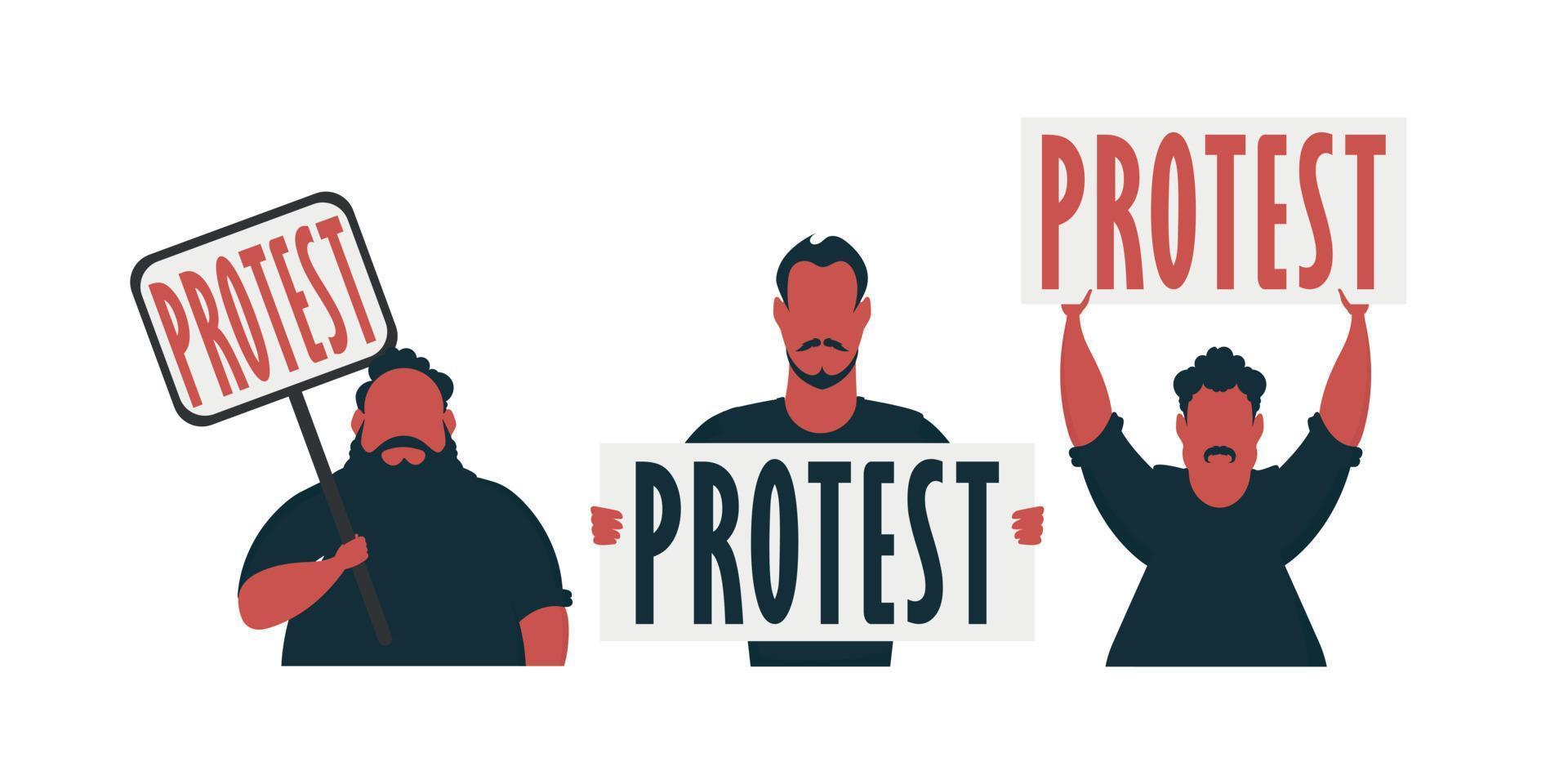 Group of Men with protest banner isolated on white background. Cartoon style. Vector illustration.