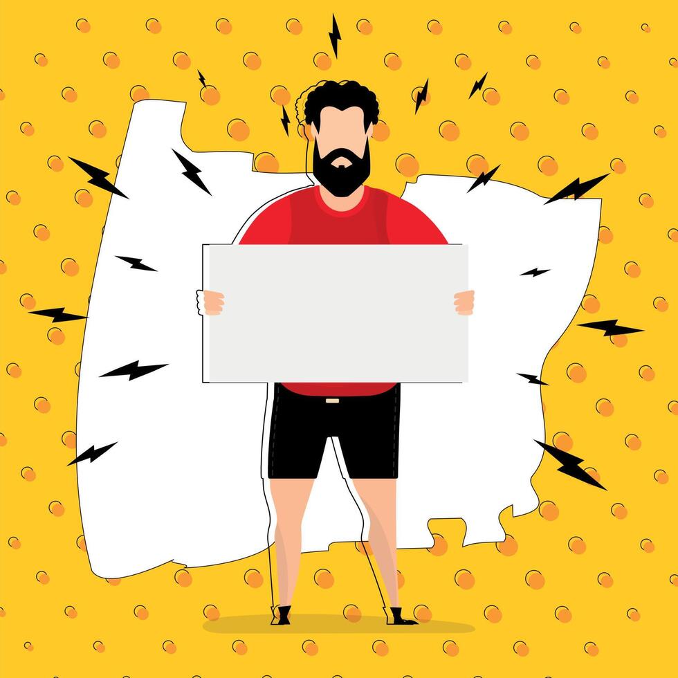 A guy with an empty banner and space for your text. Pop art. Flat style. Vector illustration.