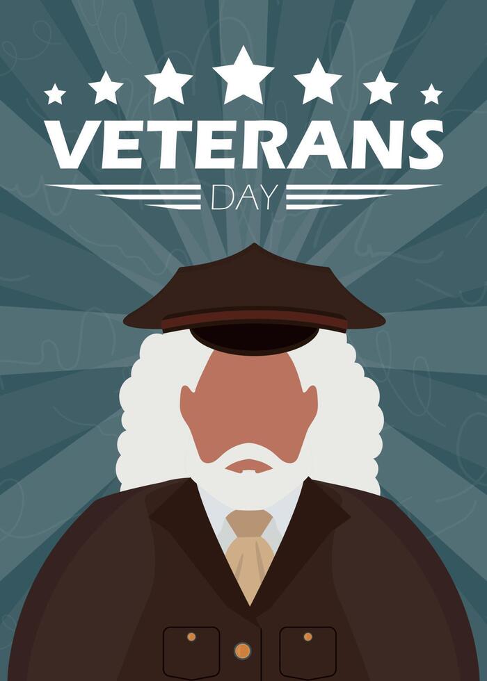 Veterans day banner. Veteran in military uniform. Cartoon style, vector illustration.